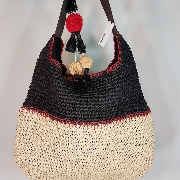 NWT black beige red woven jute beach tote bag - Picture 1 of 6